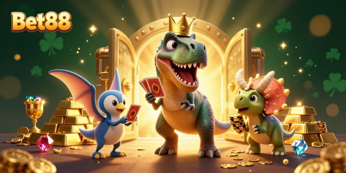 Bet88 brings excitement with a T-Rex and friends in a vibrant casino scene featuring gold and jewels.
