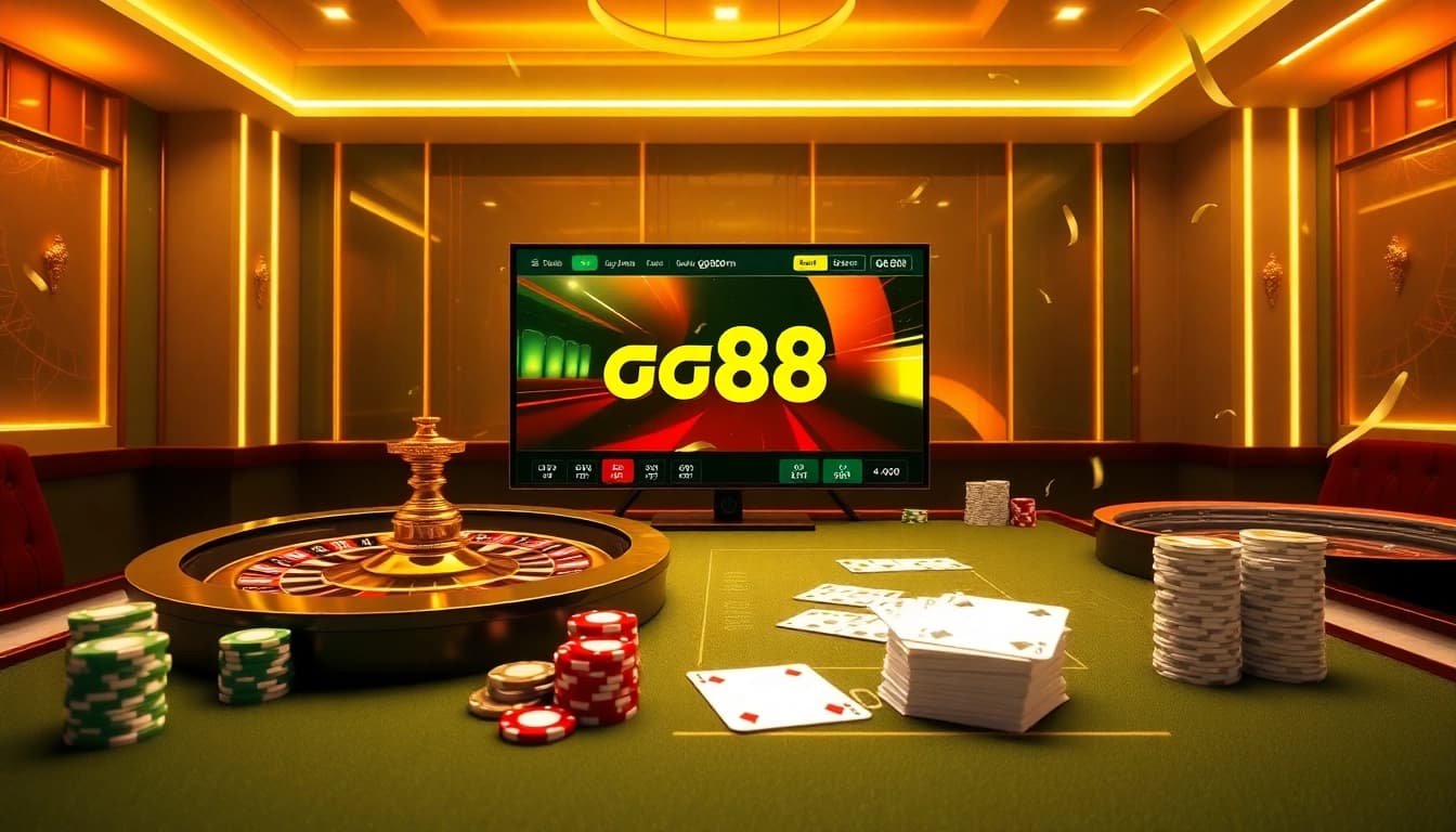 Engaging scene of a virtual casino with gg88.com branding, featuring poker chips and a roulette wheel.