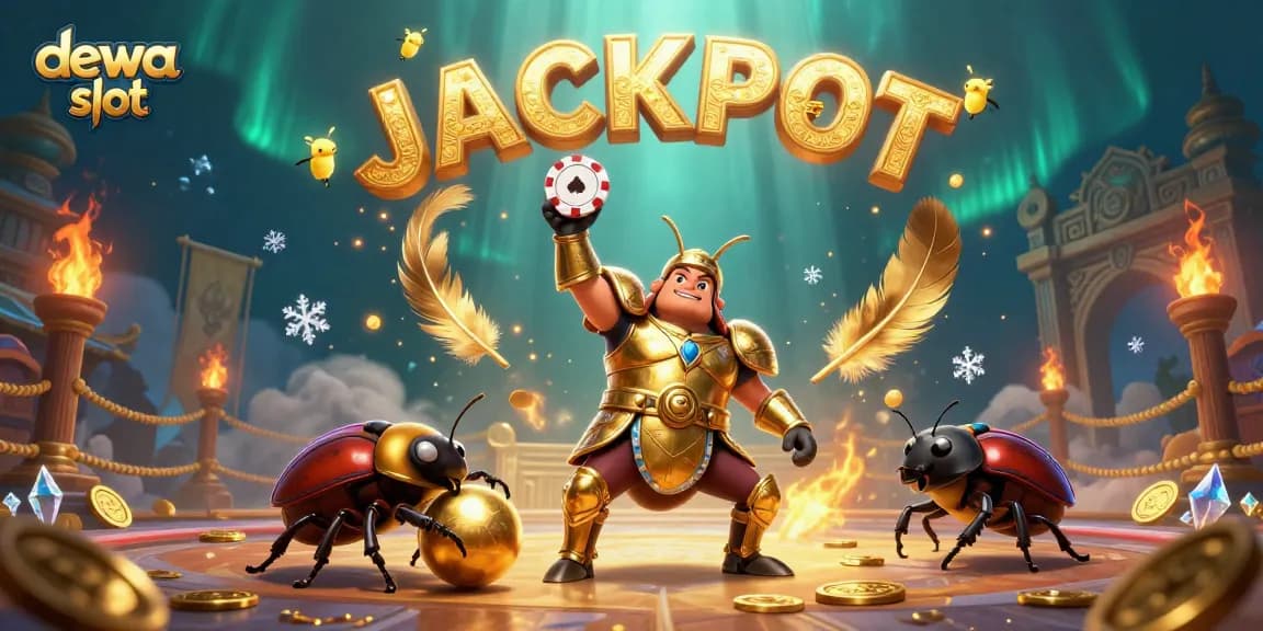 Experience dewa slot excitement with a heroic beetle champion and vibrant jackpot celebration!