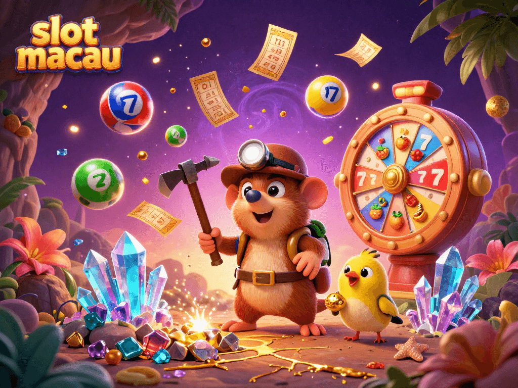 Explore the vibrant slot macau scene featuring a treasure hunter mole, lottery elements, and dynamic game symbols.
