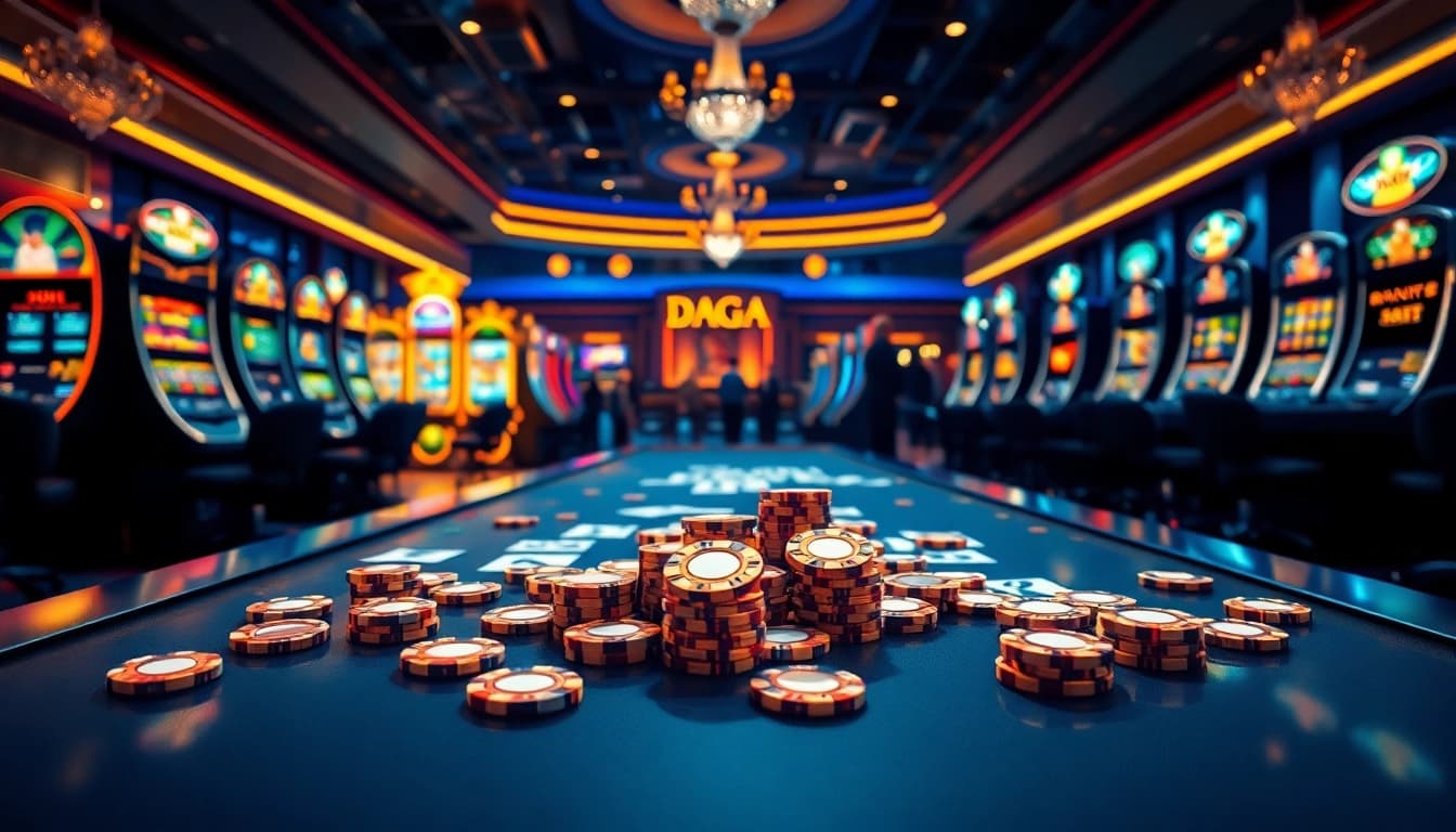 Daga online casino scene showcasing vibrant slot machines and poker chips in a luxurious environment