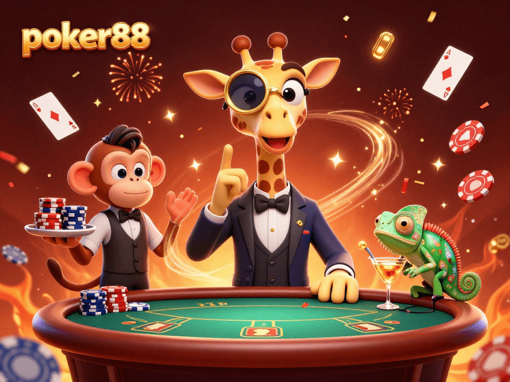 Gambarkan momen seru di Poker88 dengan jerapah tinggi bermain poker di meja VIP