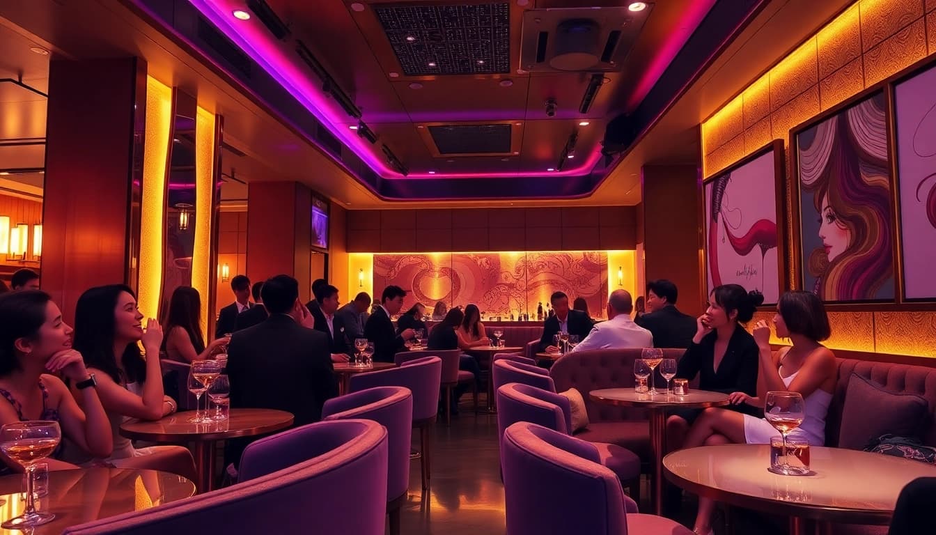 스타일리시한 이용객과 은은한 조명이 어우러진 럭셔리한 라운지에서 강남쩜오의 나이트라이프 우아함을 경험해보세요.