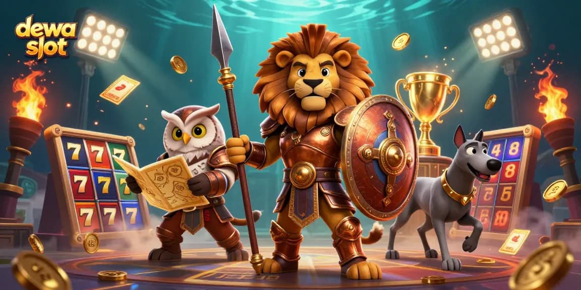 Experience the excitement of dewa slot with vibrant slot reels and game characters in action.