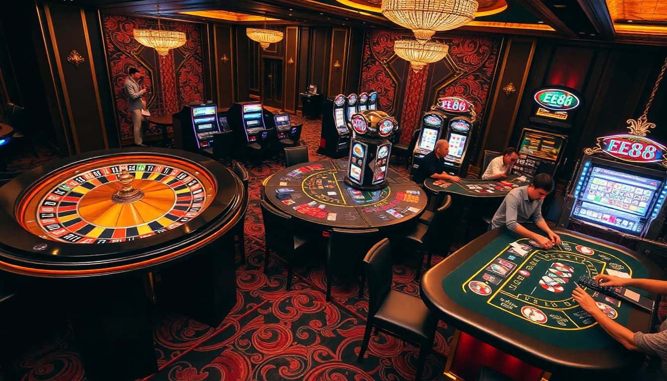 EE88 players enjoying thrilling games at an upscale casino.