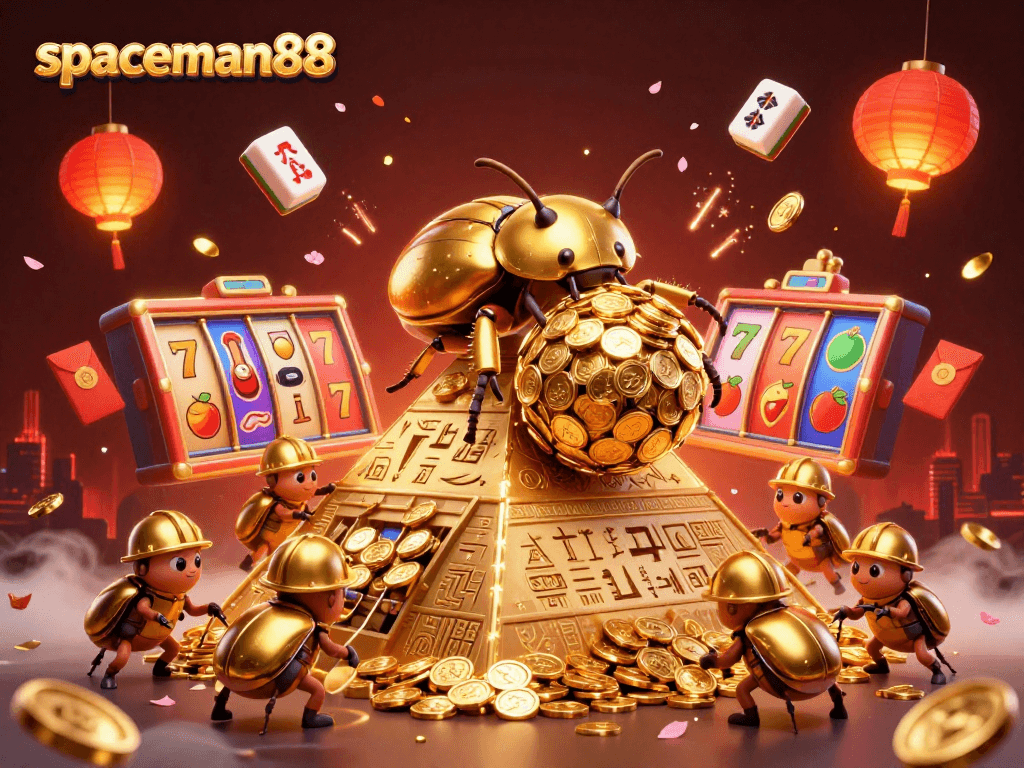 Experience excitement with spaceman88's vibrant 3D casino illustration showcasing golden beetles and dynamic slot elements.
