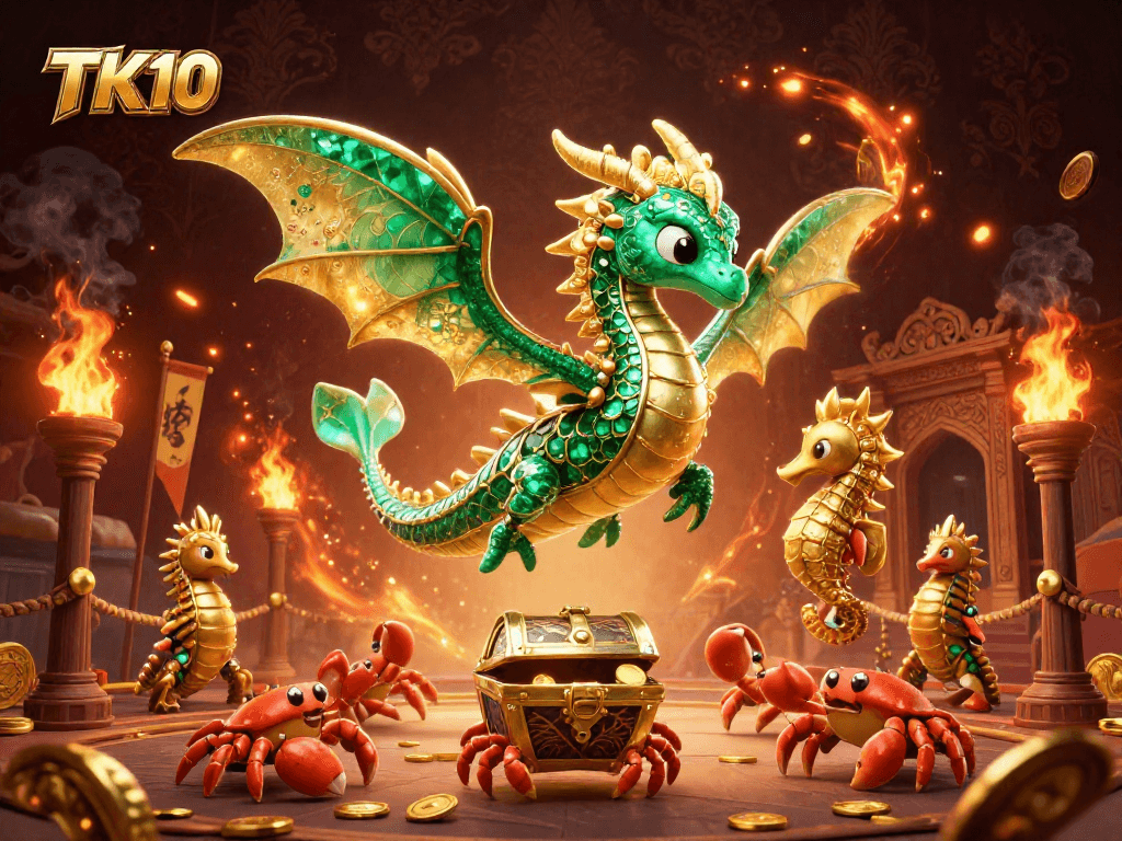 Win exciting prizes with TK10, featuring sea dragon, royal seahorses, and treasure in a vibrant casino scene.