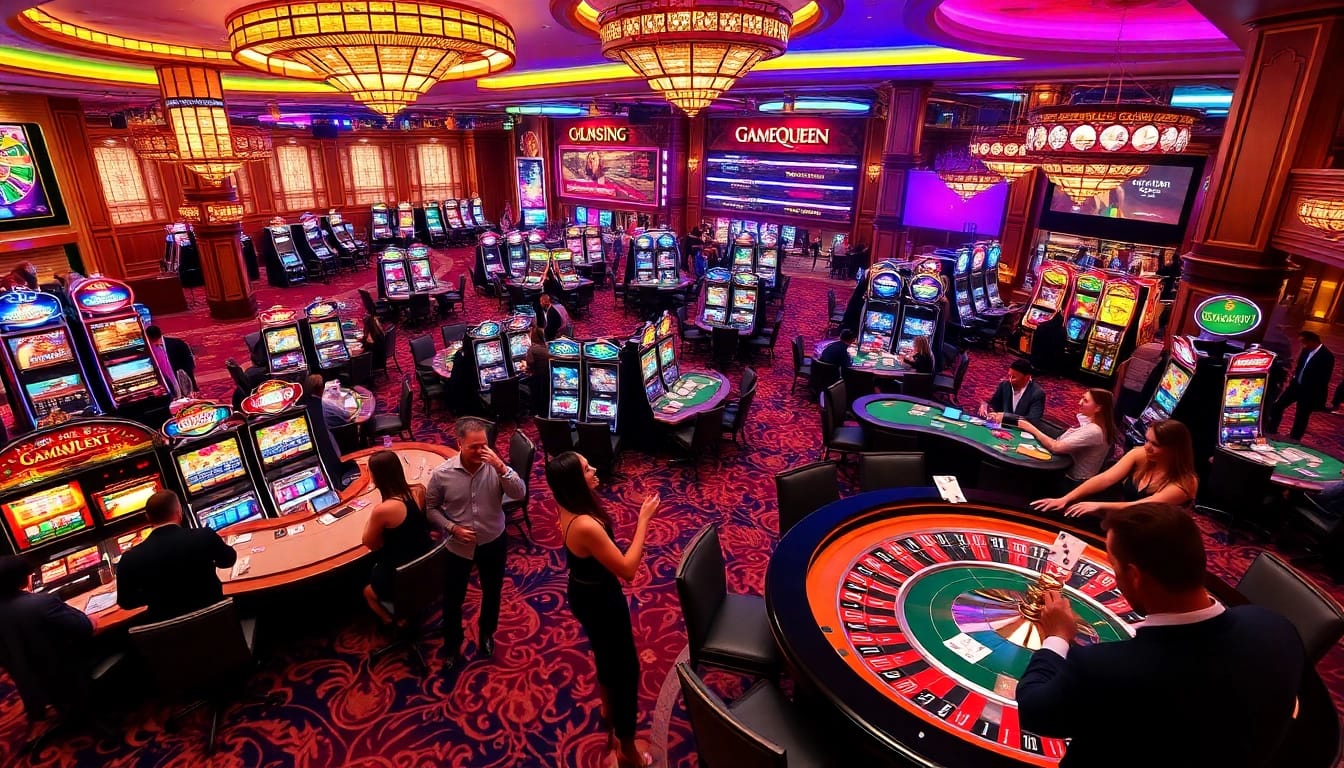 Experience the thrill of GameQueen with engaging players at a luxurious casino setup.