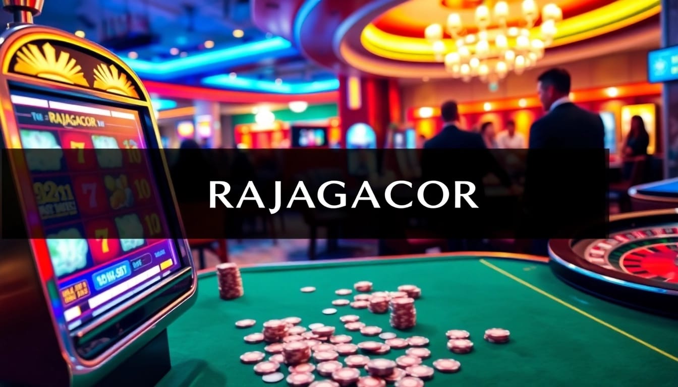 Experience RAJAGACOR excitement at this vibrant casino scene with engaging slot machines and happy players.