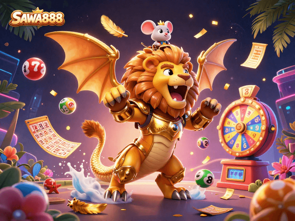 SAWA888 offers thrilling gameplay with colorful lottery balls and dynamic prize elements in this vibrant casino scene.