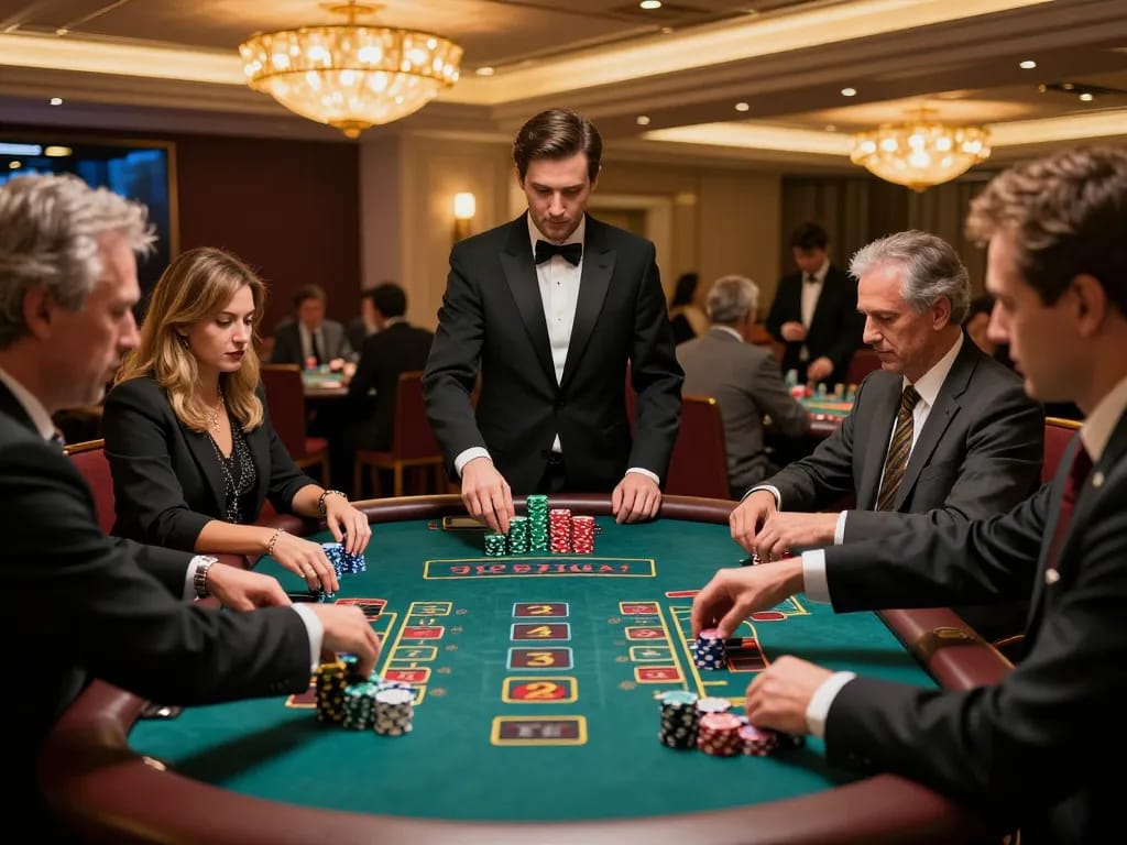 Bong99 players enjoying engaging blackjack games with dealers in an upscale casino setting.
