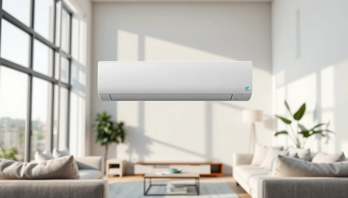 Showcasing a Daikin mini split AC unit in a modern, well-designed living room.