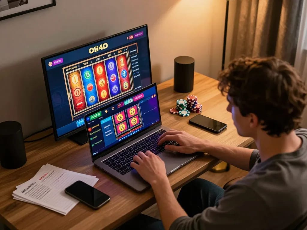 Join the fun playing oli4d daftar slots on a laptop in a cozy home gaming setup, surrounded by strategy notes.