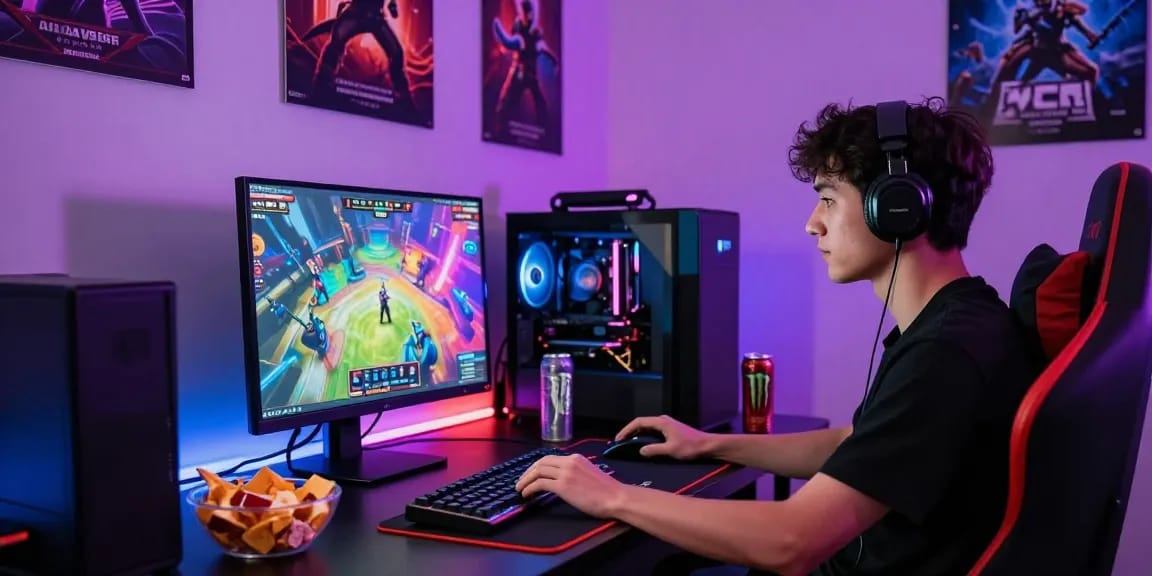 Engaged gamer immersed in the 663bet game, vibrant setup with gaming gear and LED lights.