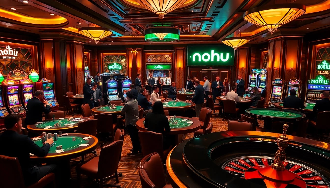 NoHu-themed casino setup showcasing poker tables and vibrant slot machines in a luxurious environment.