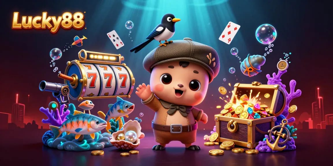 Engage with Lucky88 in this vibrant 3D illustration featuring slot reels and lucky symbols.