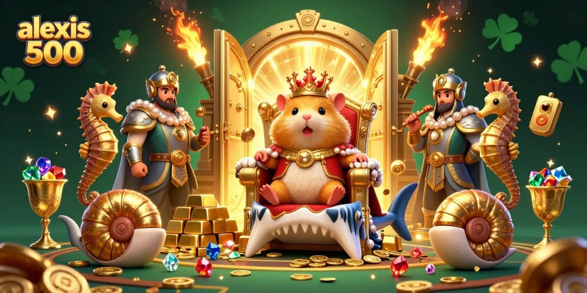 Experience the excitement of alexis 500 as the golden hamster king rules over casino riches in a vibrant 3D scene.