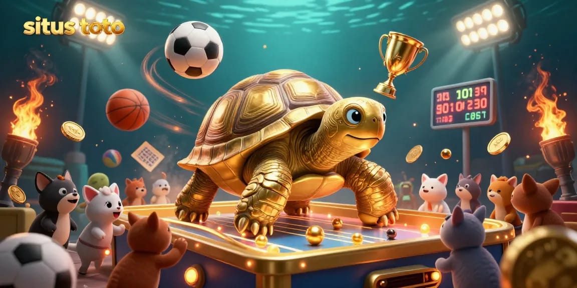 Engage in situs toto excitement with a colossal golden tortoise pinball machine surrounded by animated sports elements.