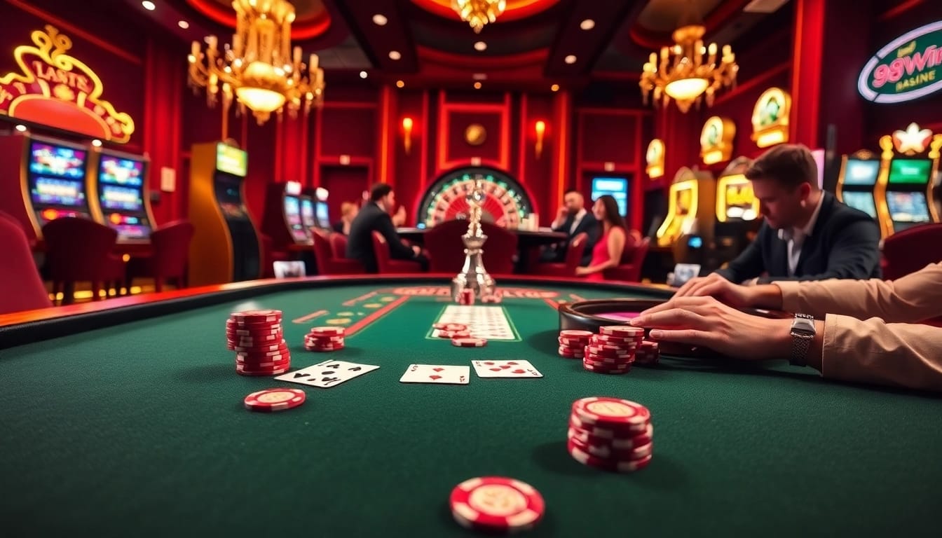 Players enjoy a thrilling poker game at 98Win's luxurious casino table, surrounded by vibrant slot machines.