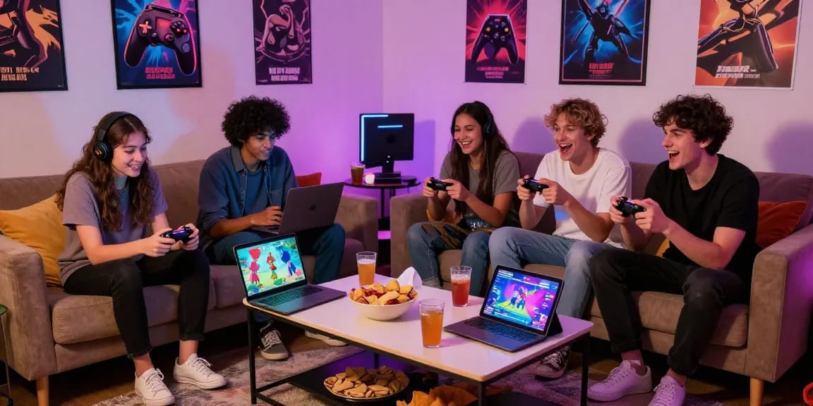 Friends enjoying interactive hentaigames in a cozy living room filled with gaming devices and snacks.