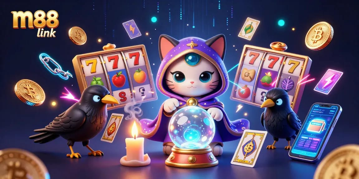 Terlibat dengan slot dan jackpot menarik di link m88, menampilkan kucing mistis dan elemen casino 3D yang cerah.