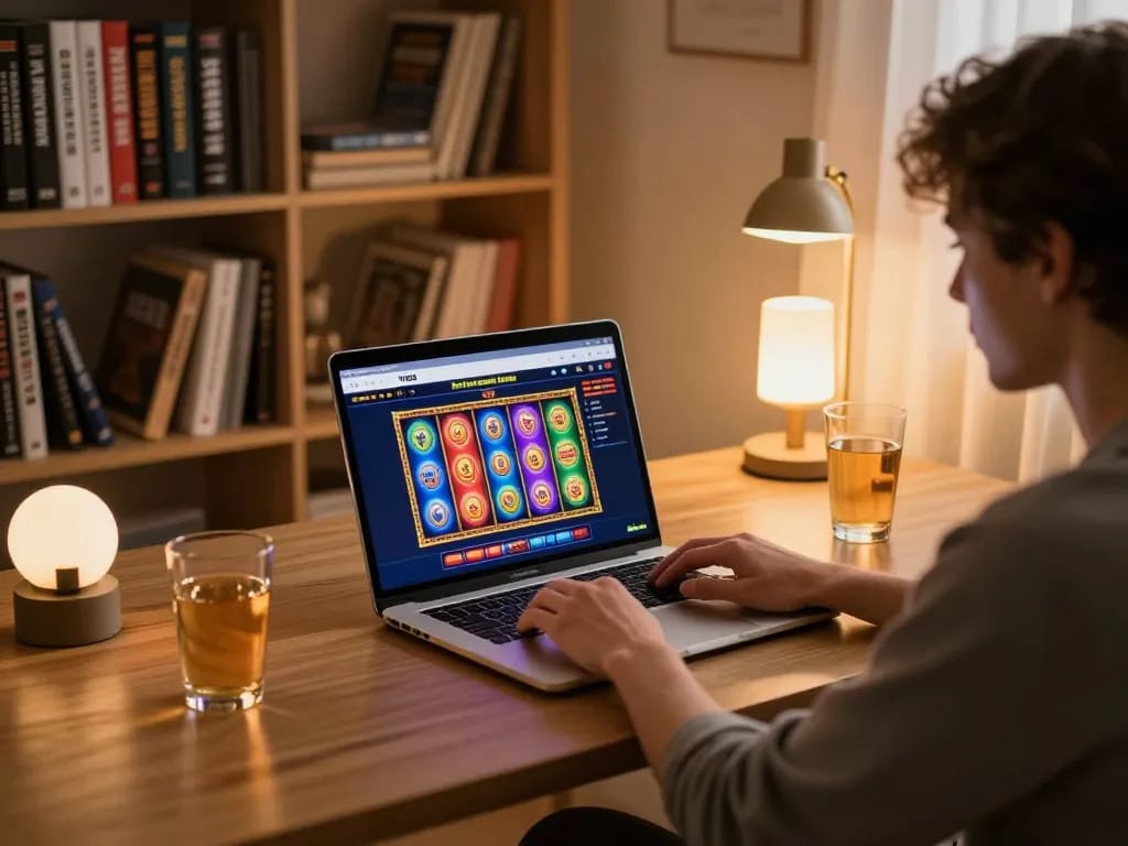 The player engaging with the TR88 link for online slot games, showcasing an inviting home setup.
