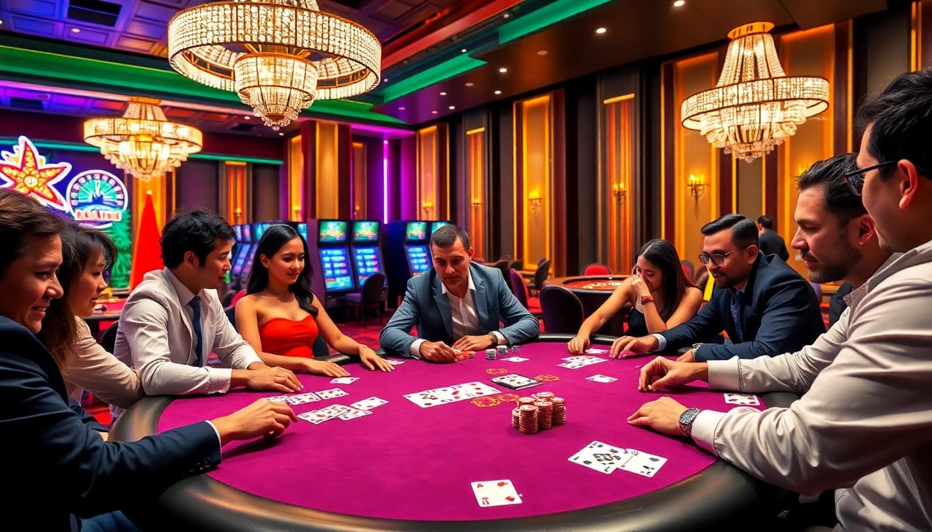 Captivating view of VA88 casino poker table, showcasing players in a high-stakes game.