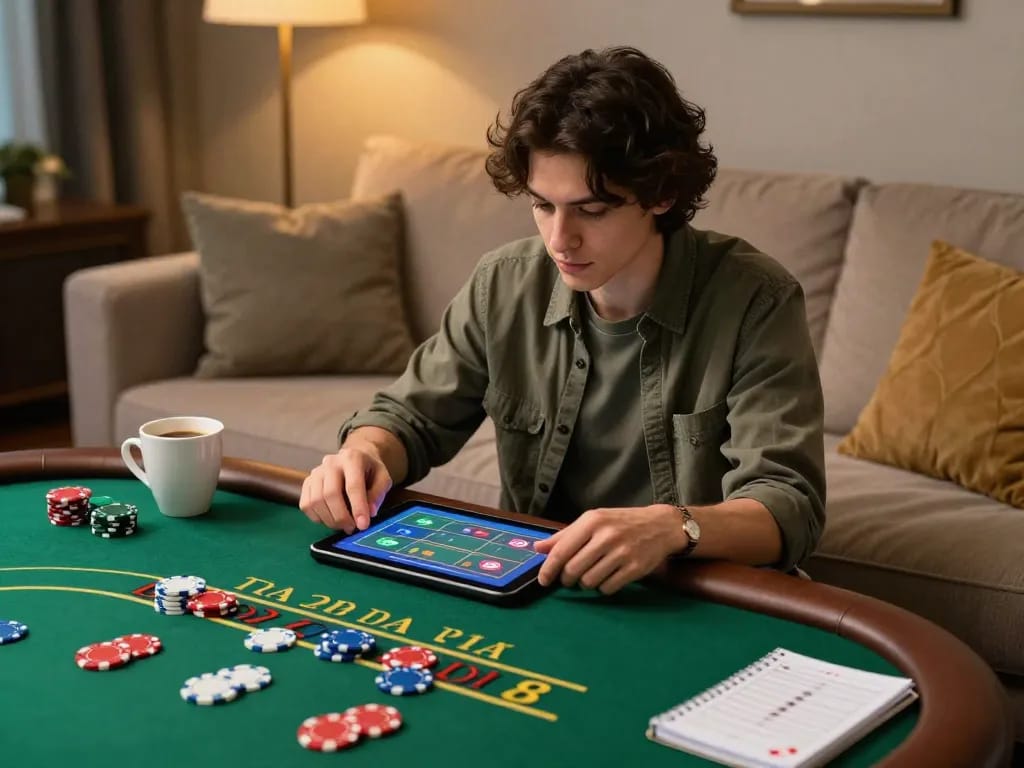 Engaging in a live dealer blackjack game on a tablet with bdtk66 chips nearby