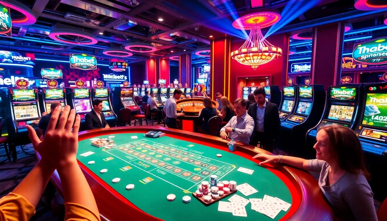 Exciting casino gaming experience at Thabet77 with blackjack, roulette, and vibrant slot machines.