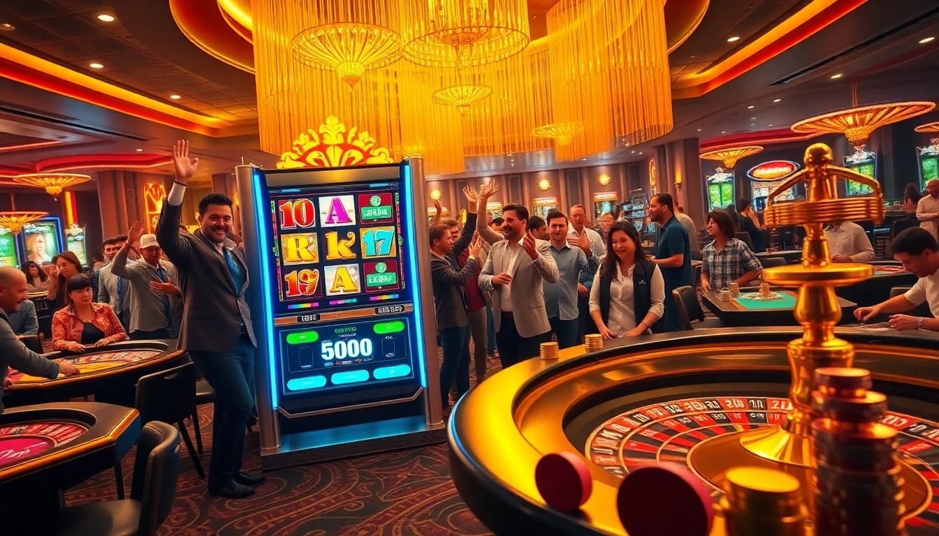Experience thrilling gameplay at idnslot with players celebrating wins on a vibrant slot machine.