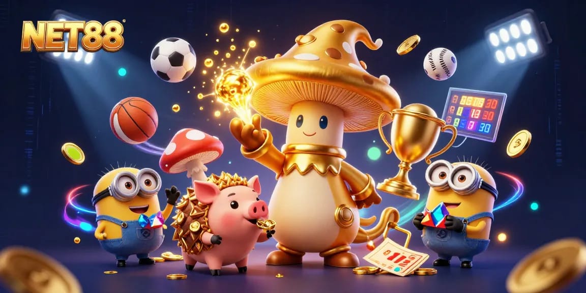 NET88 showcases a lively casino scene with a golden mushroom wizard and treasure hunting companions.