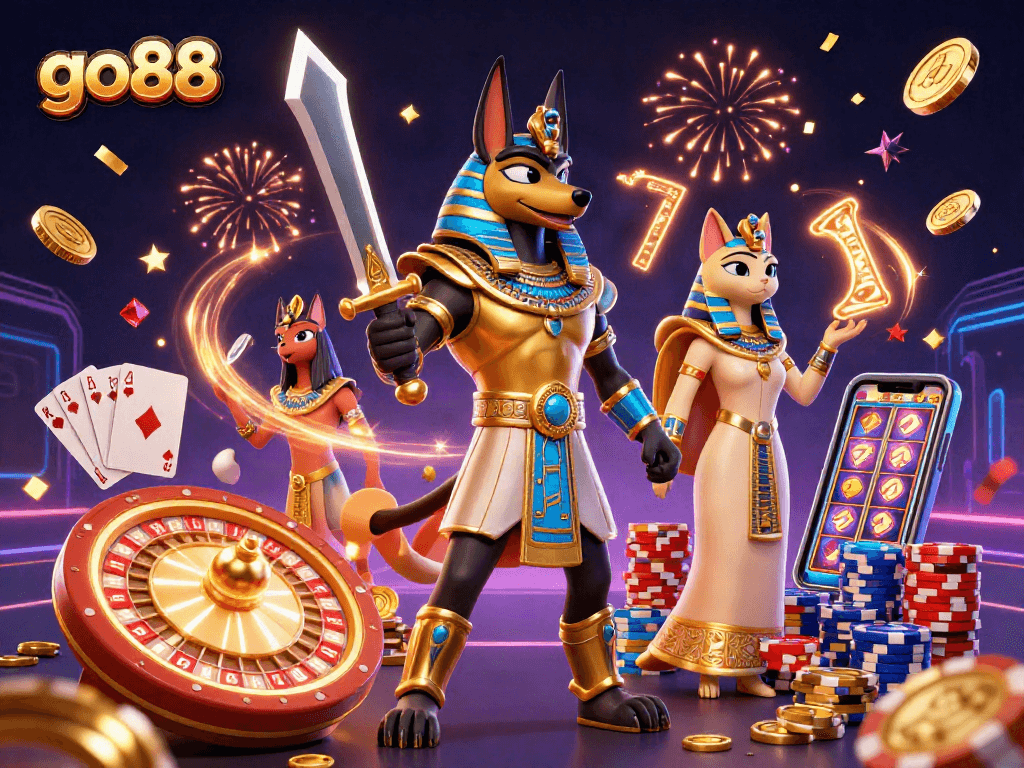 Go88 gameplay capture featuring an Egyptian theme with Anubis and Bastet among spinning roulette and winning coins.