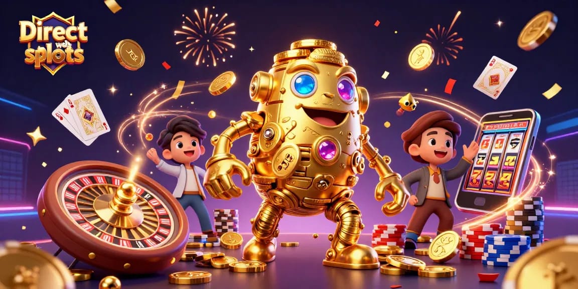 Engaging scene of Direct web slots featuring slot machine golem, coins and cards flying, exciting gaming experience.