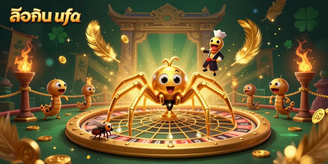 Engage with ล็อคอิน ufa as a golden spider weaves a roulette wheel web, showcasing thrilling gambling excitement.