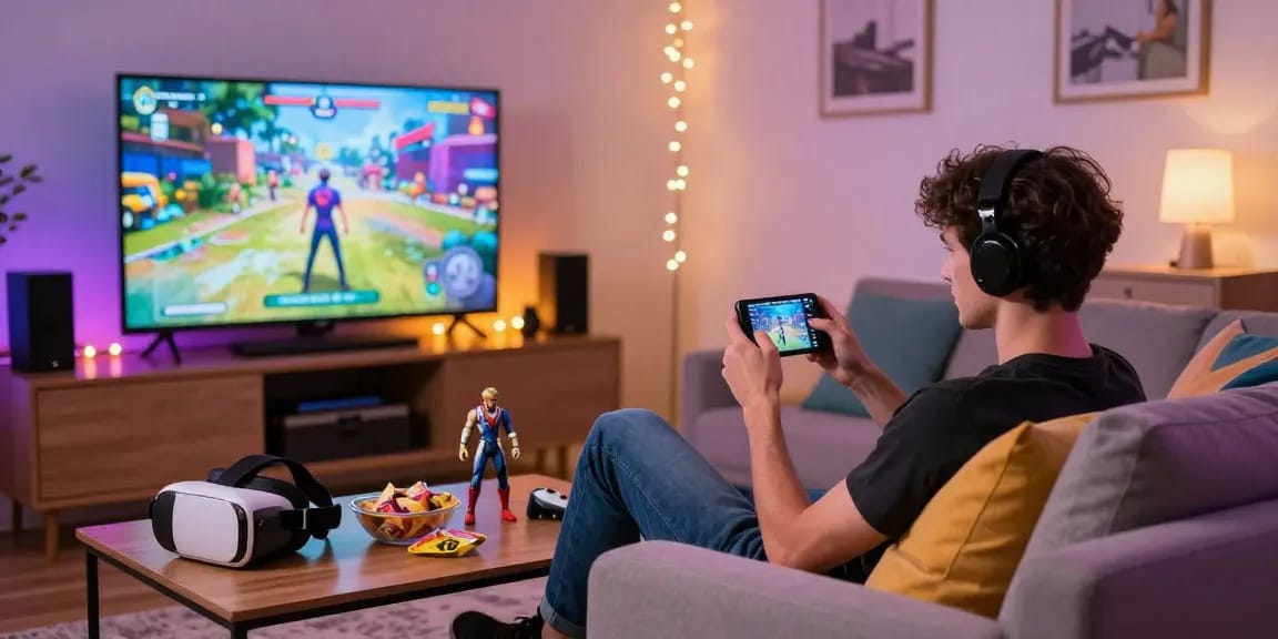 Engaging scene of a gamer exploring free mobile porn games on a stylish sofa, surrounded by gaming paraphernalia.