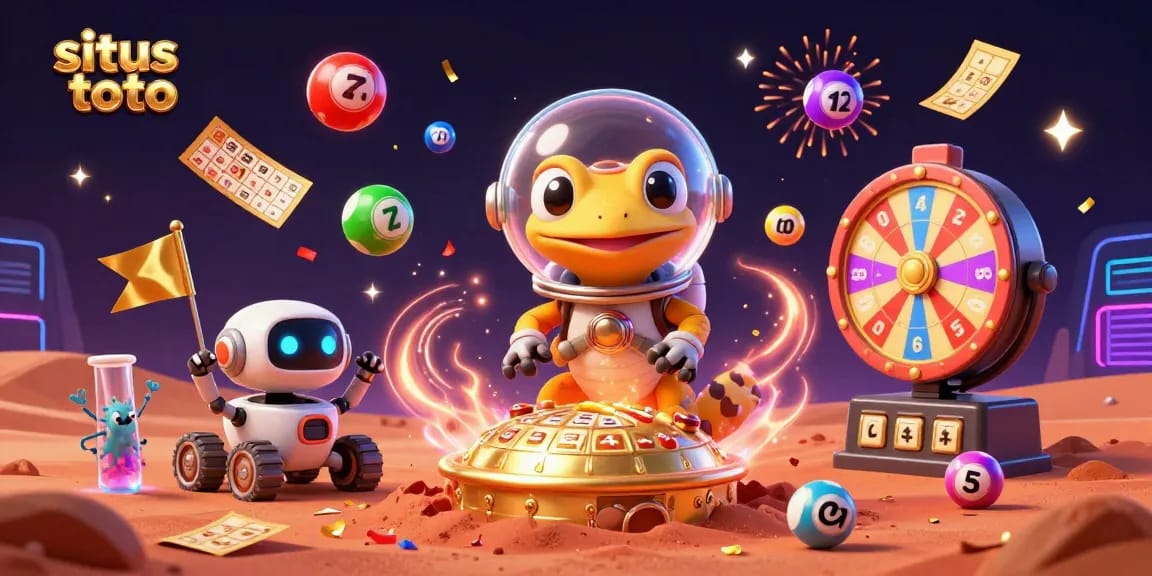 Experience situs toto in a vibrant Martian casino scene filled with animated lottery excitement.