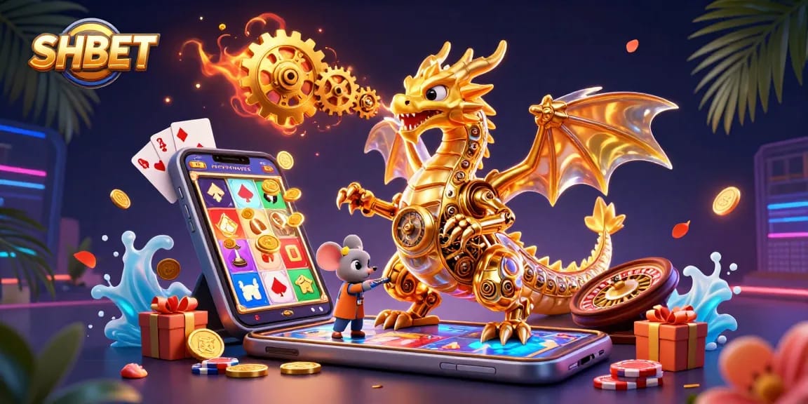 Experience thrilling games with SHBET's dynamic atmosphere featuring a gold dragon and vibrant gaming elements.