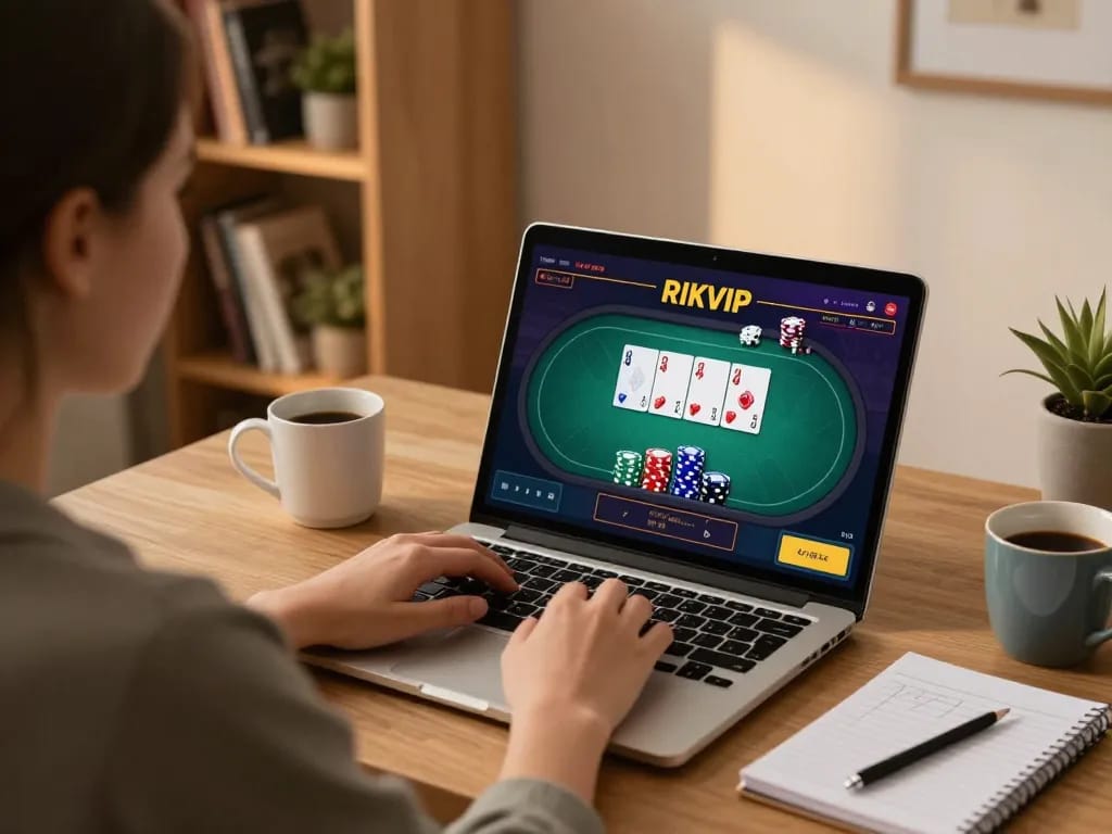 Engaging in RIKVIP online gaming from a cozy home office setup with strategic notes and a warm atmosphere.
