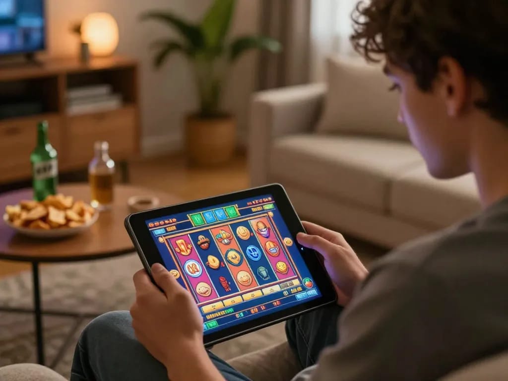 Engaging in a slot online game on a tablet, highlighting the excitement of virtual gambling.