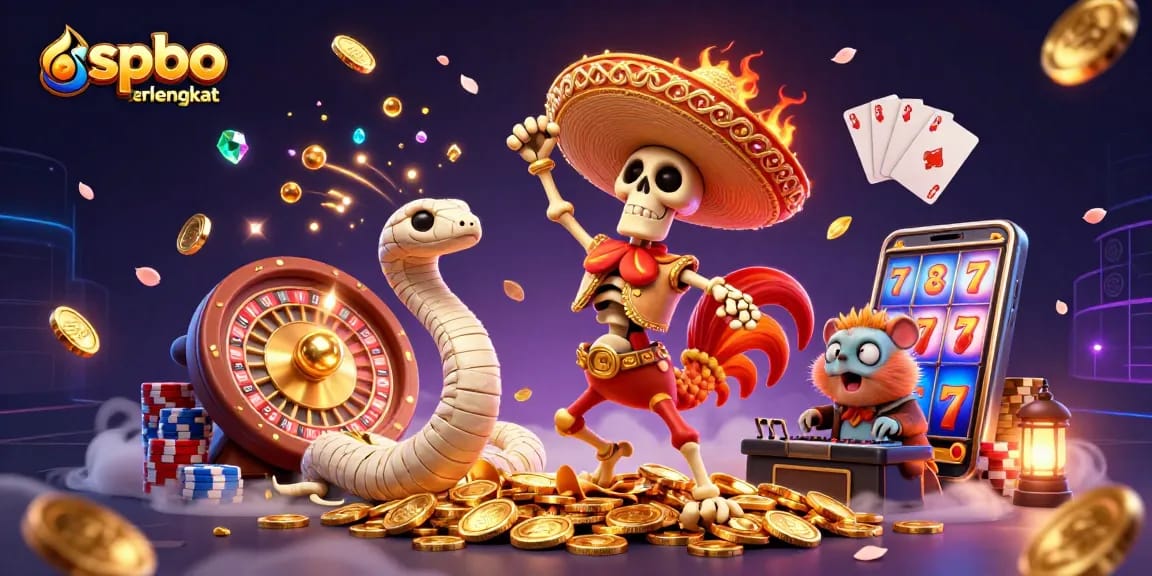 spbo terlengkap showcases a vibrant scene of a mariachi rooster dancing with golden coins and casino elements.