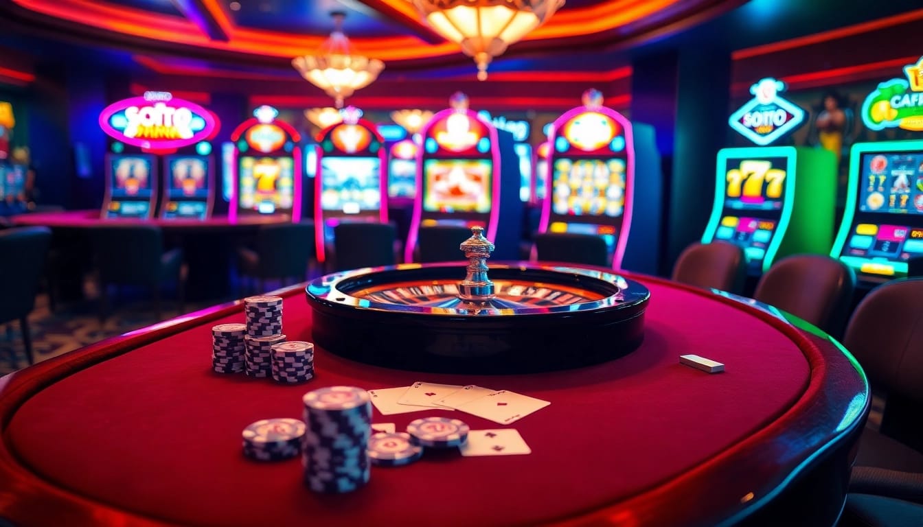 Experience thrilling casino action with SODO's vibrant gaming atmosphere filled with poker chips and roulette wheels.