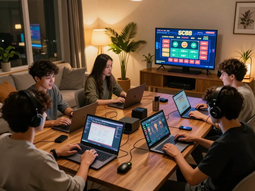 Players enjoying the SC88 online casino experience at home surrounded by a lively gaming atmosphere.