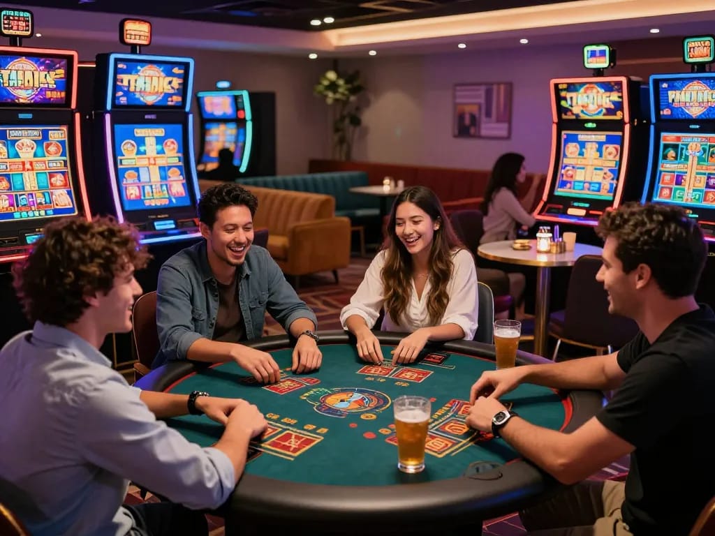 Kuwin online casino with friends enjoying games in a vibrant atmosphere.