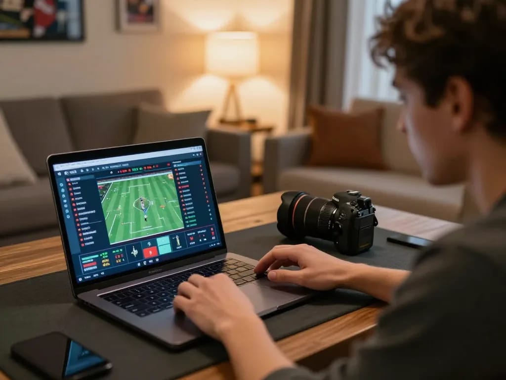Engaged user exploring sports betting strategies on 68win laptop in cozy setting