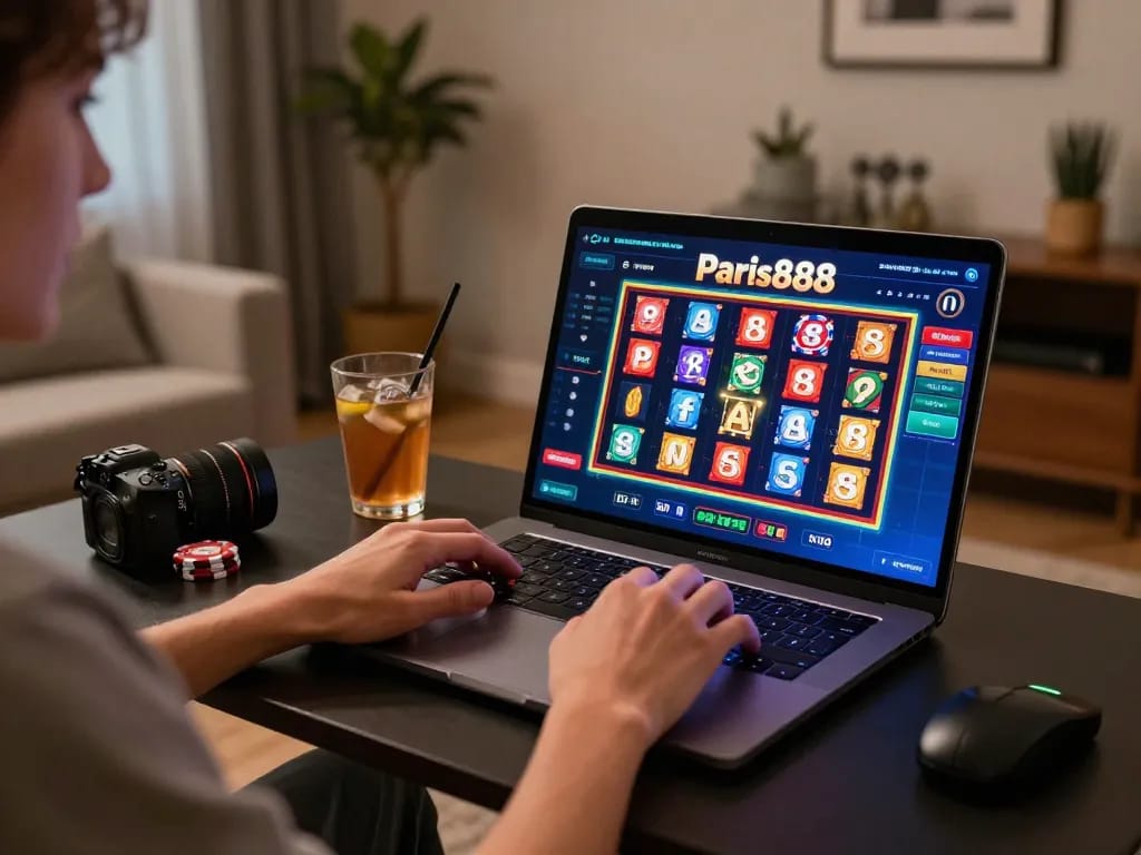 Playing paris888 online with vibrant slot game visuals in a cozy home setup