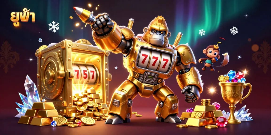 Engage with ยูฟ่า's energetic action featuring a golden gorilla mech slot machine, coins erupting!