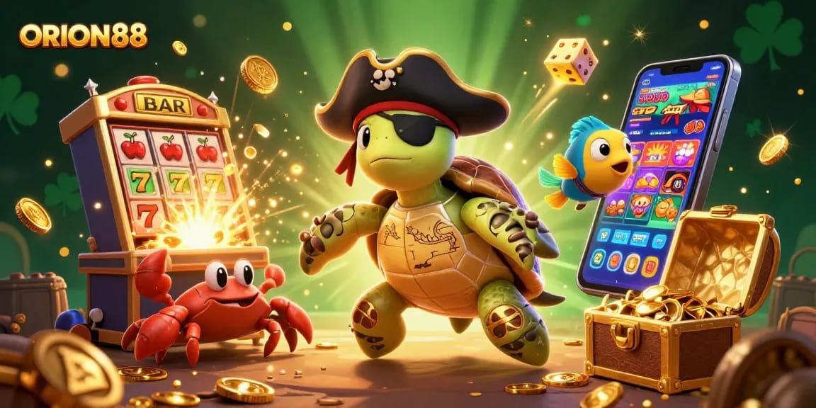 Spin to win with ORION88, featuring a pirate turtle above a treasure trove of slot symbols and coins.