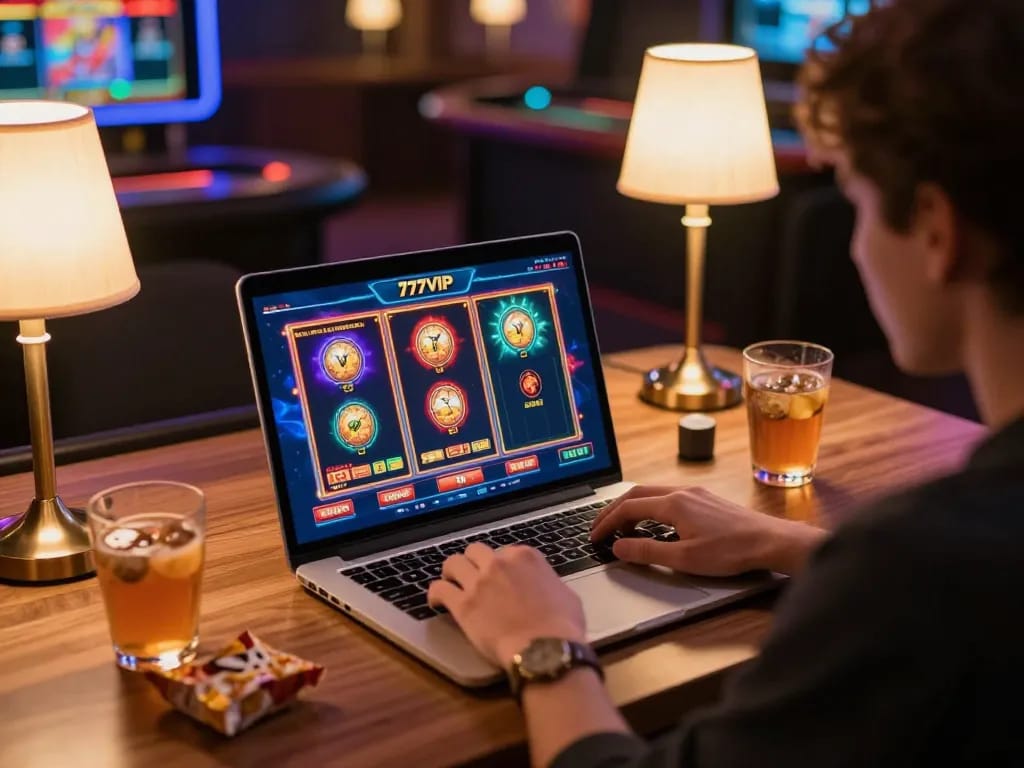 Player enjoying online gaming on 777VIP platform, showcasing engaging interface and cozy setup.