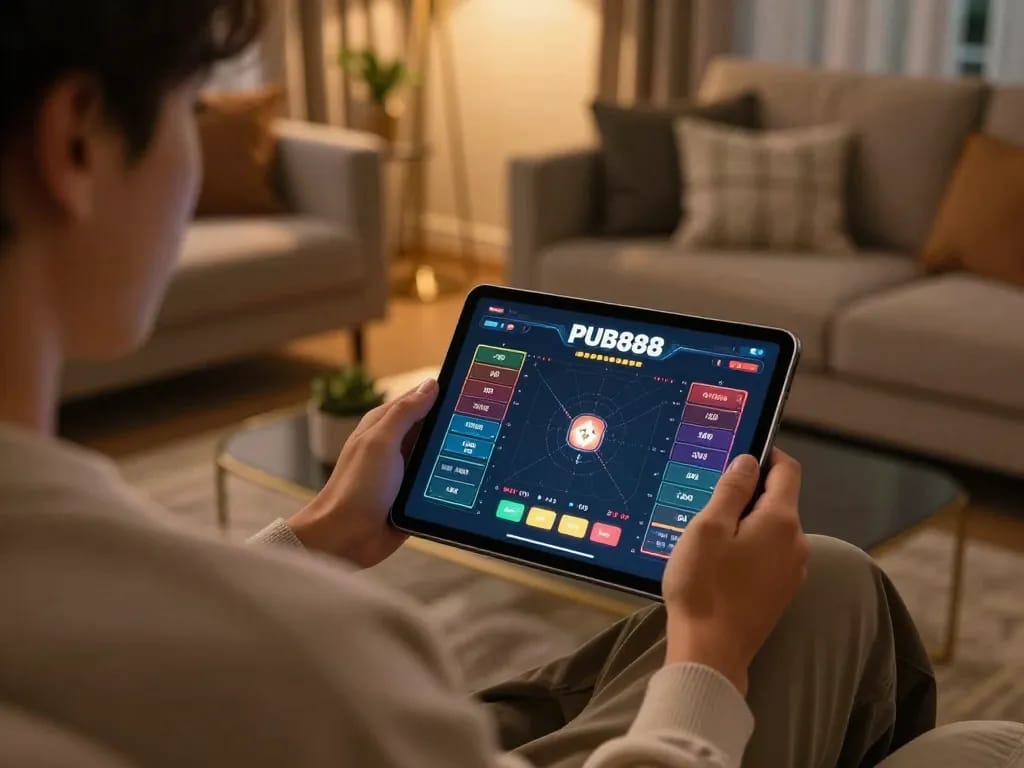 PUB88 online gambling session with strategic notes in a cozy living room