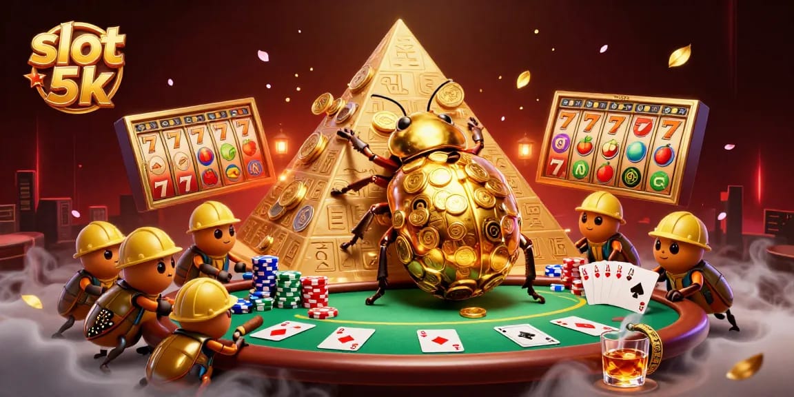 Experience the thrill of slot 5k with golden beetles rolling coins in a vibrant casino scene.